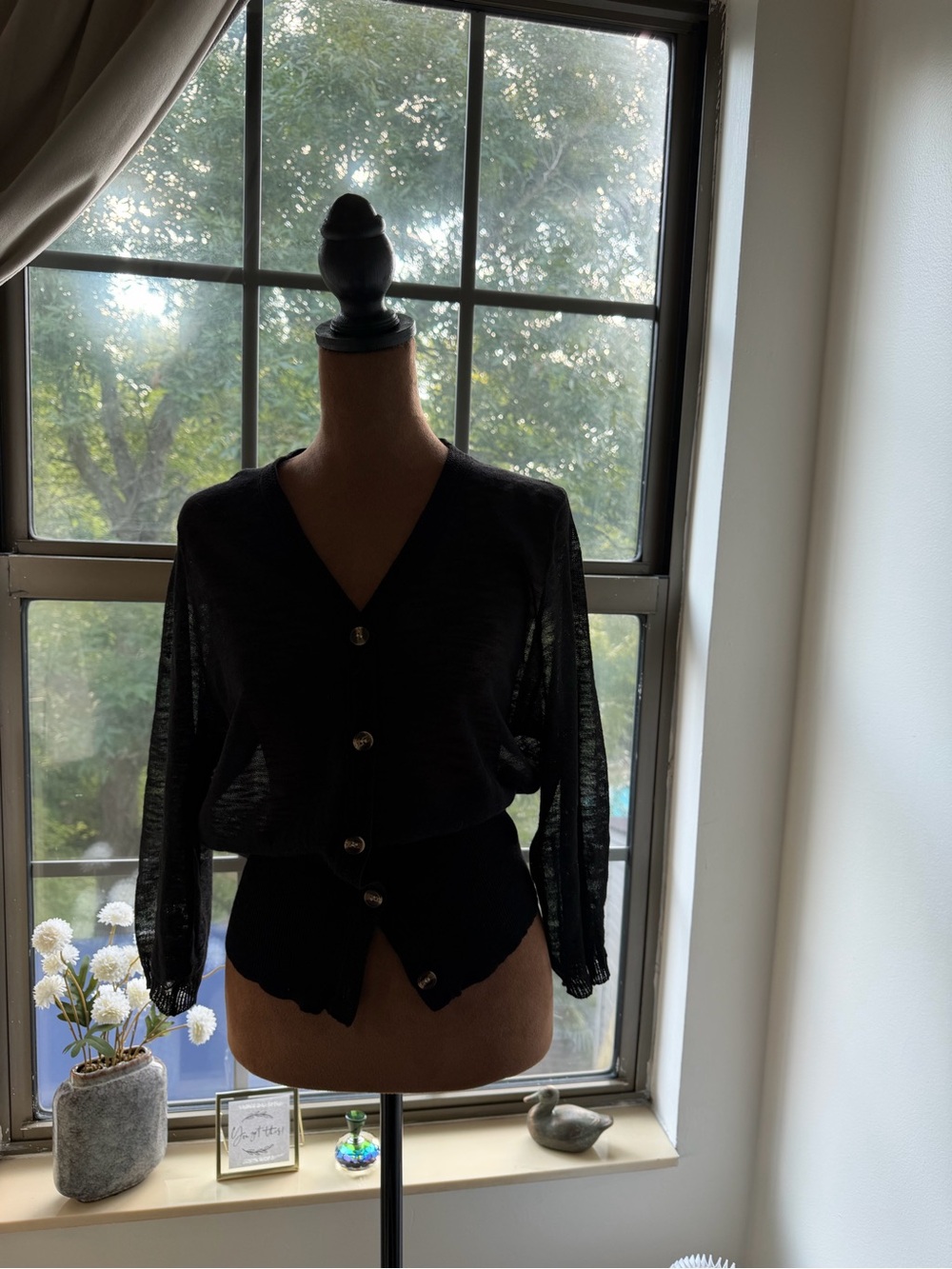 Black Button-Front V-Neck Women's Top